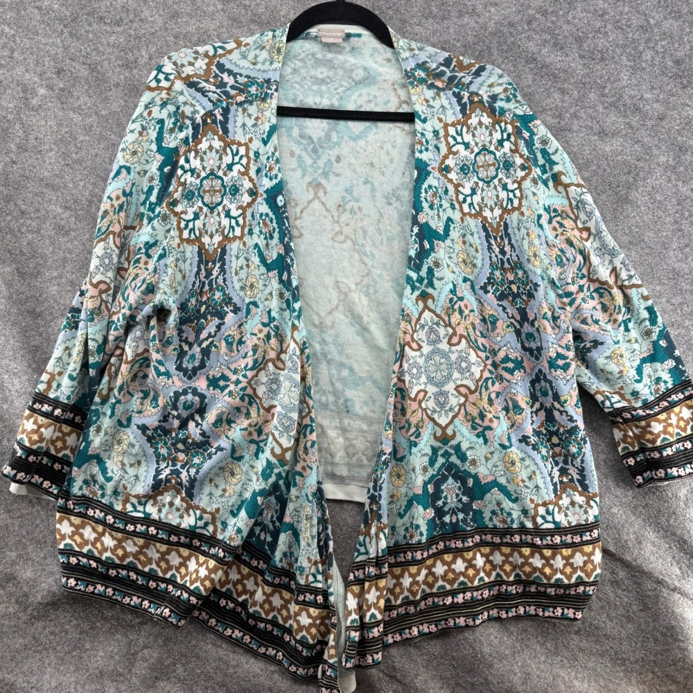 Chico's Cardigan Women Size 3 Teal Paisley Open Front Lightweight Knit Sweater